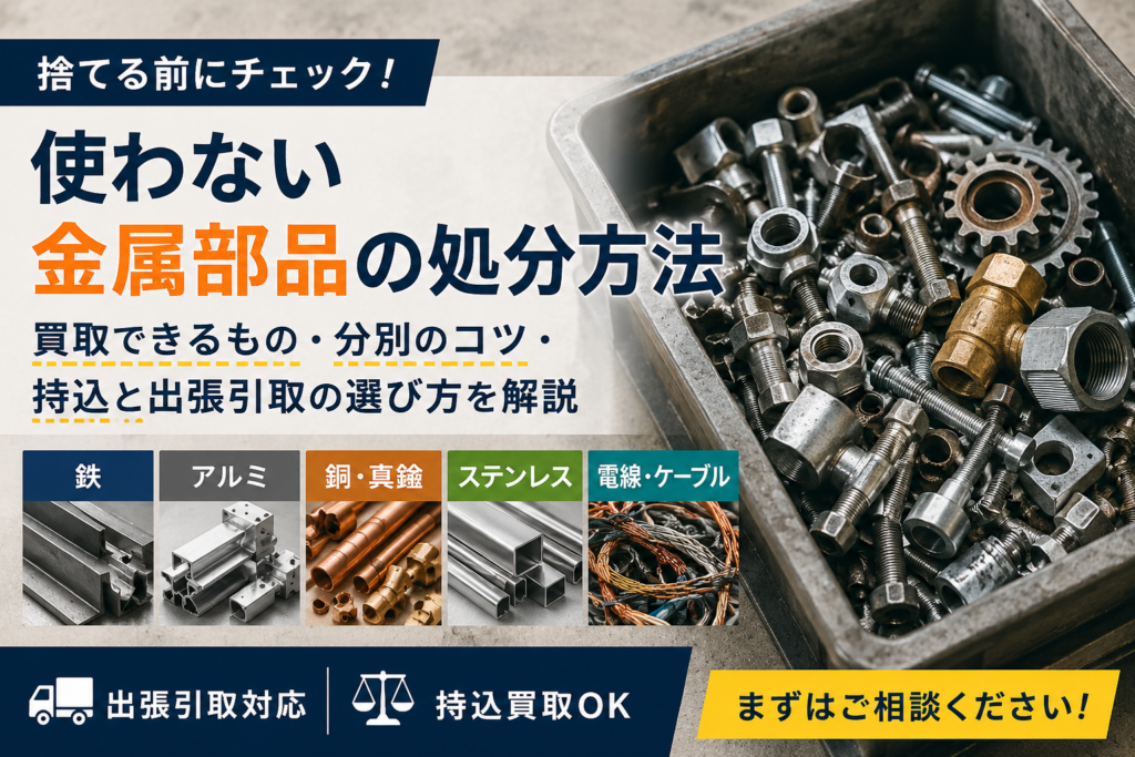 使わないボルト・ナット・金属部品をまとめたコンテナと、金属スクラップの分別・買取を案内するイメージ