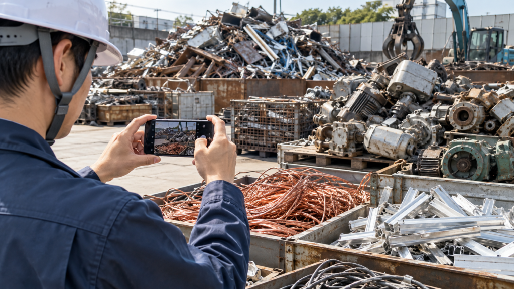 スクラップヤードで金属スクラップをスマートフォンで撮影する作業員