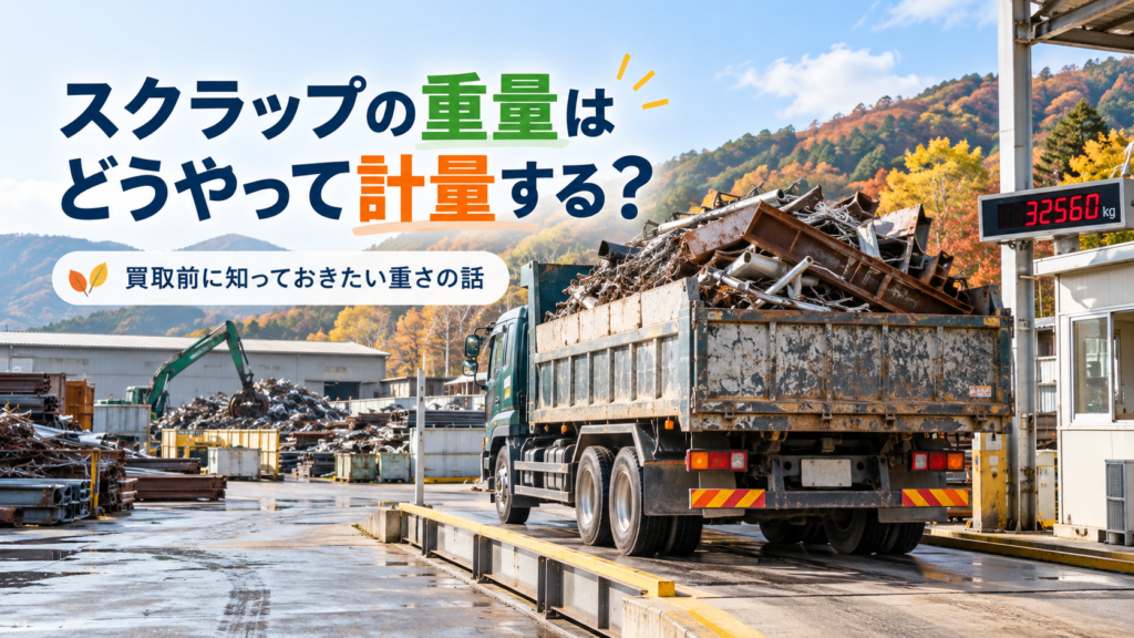 金属スクラップを積んだトラックが大型計量器（トラックスケール）で重量を計量する様子を描いたイメージ画像